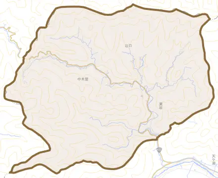 栗谷とその周辺の地図。町の範囲を重ねている