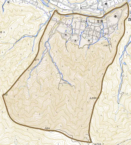 茂原とその周辺の地図。町の範囲を重ねている