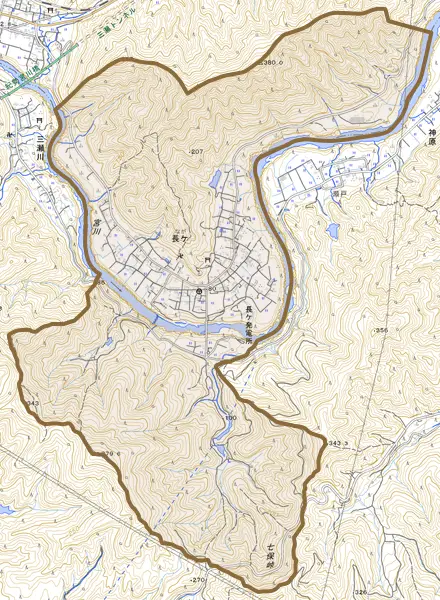 長ケとその周辺の地図。町の範囲を重ねている