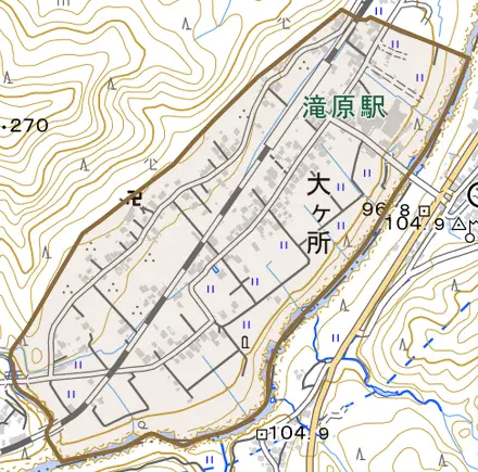 大ヶ所とその周辺の地図。町の範囲を重ねている