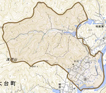 千代とその周辺の地図。町の範囲を重ねている