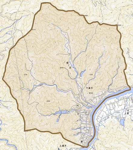 下真手とその周辺の地図。町の範囲を重ねている