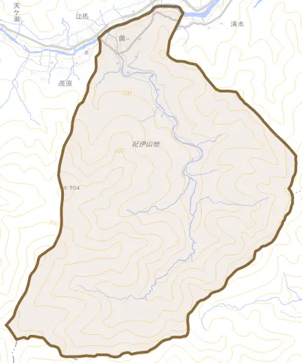 薗とその周辺の地図。町の範囲を重ねている