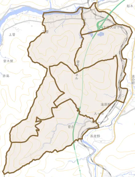 菅合とその周辺の地図。町の範囲を重ねている