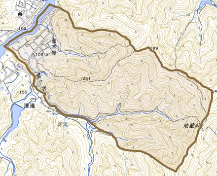 菅木屋とその周辺の地図。町の範囲を重ねている