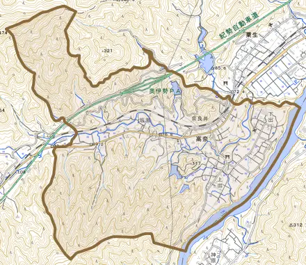 高奈とその周辺の地図。町の範囲を重ねている