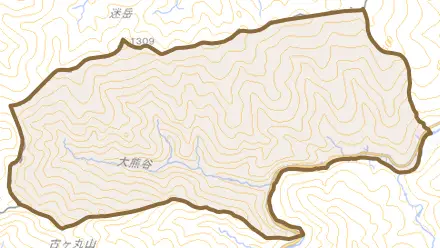 滝谷とその周辺の地図。町の範囲を重ねている