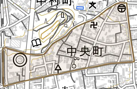 中央町とその周辺の地図。町の範囲を重ねている