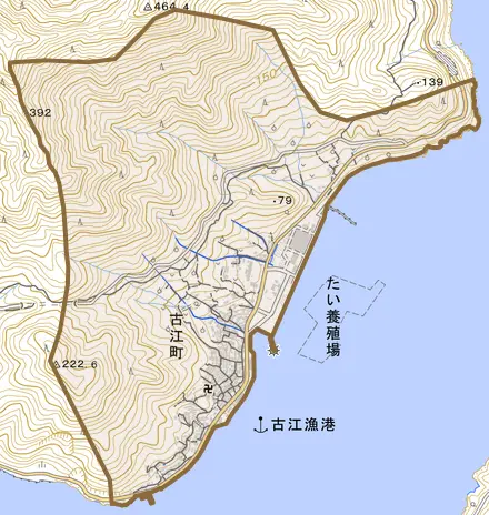 古江町とその周辺の地図。町の範囲を重ねている