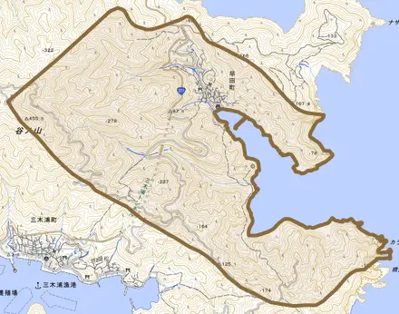 早田町とその周辺の地図。町の範囲を重ねている