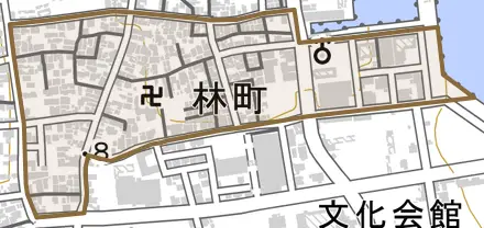 林町とその周辺の地図。町の範囲を重ねている