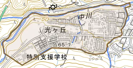 光ヶ丘とその周辺の地図。町の範囲を重ねている