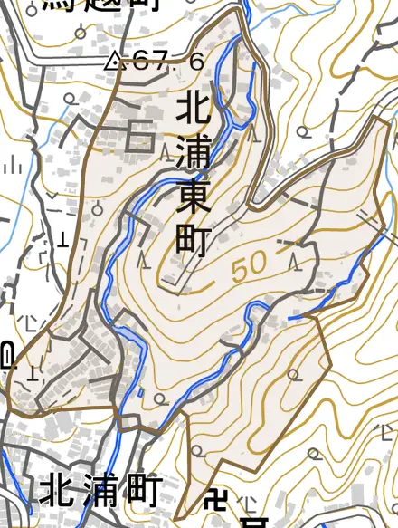 北浦東町とその周辺の地図。町の範囲を重ねている