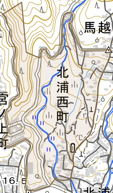 北浦西町とその周辺の地図。町の範囲を重ねている