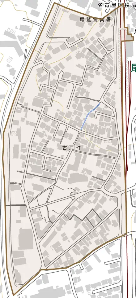 古戸町とその周辺の地図。町の範囲を重ねている