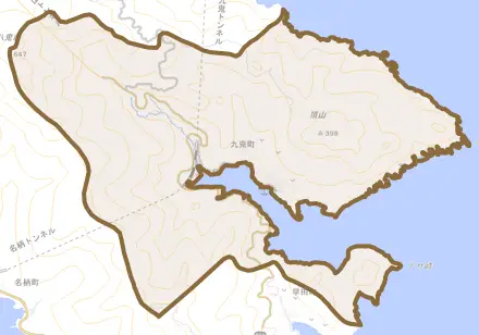 九鬼町とその周辺の地図。町の範囲を重ねている