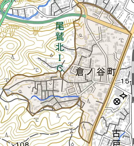 倉ノ谷町とその周辺の地図。町の範囲を重ねている