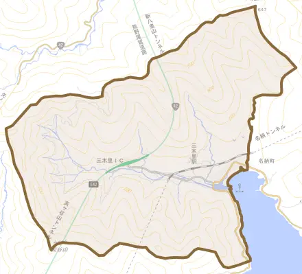 三木里町とその周辺の地図。町の範囲を重ねている