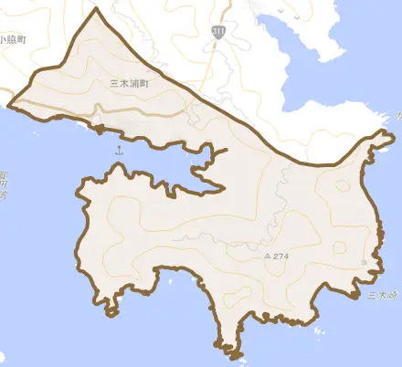 三木浦町とその周辺の地図。町の範囲を重ねている