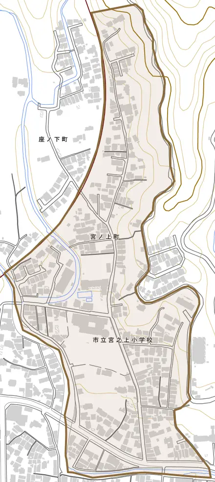 宮ノ上町とその周辺の地図。町の範囲を重ねている