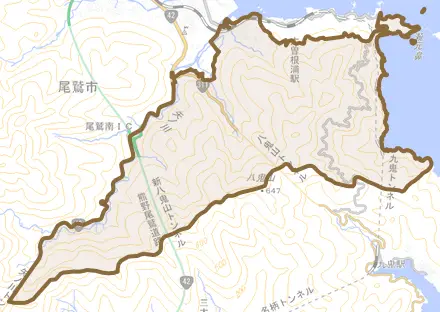 大字向井とその周辺の地図。町の範囲を重ねている