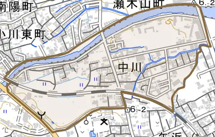 中川とその周辺の地図。町の範囲を重ねている