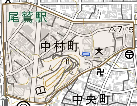 中村町とその周辺の地図。町の範囲を重ねている