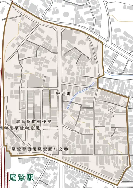 野地町とその周辺の地図。町の範囲を重ねている