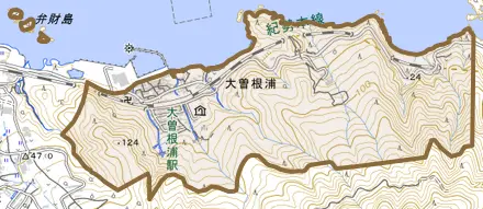 大字大曽根浦とその周辺の地図。町の範囲を重ねている