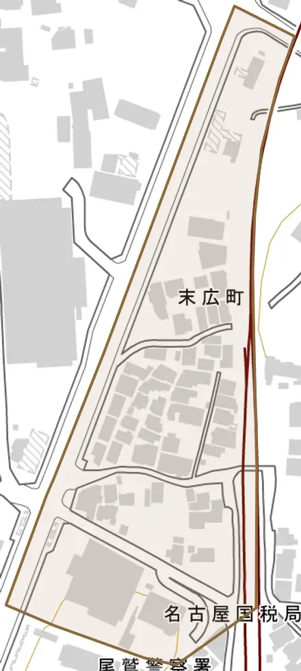 末広町とその周辺の地図。町の範囲を重ねている