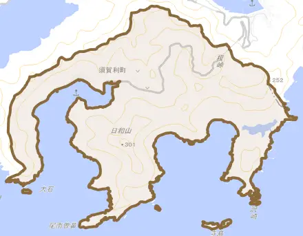 須賀利町とその周辺の地図。町の範囲を重ねている