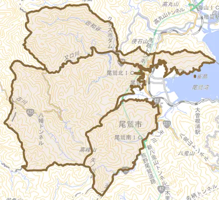 大字南浦とその周辺の地図。町の範囲を重ねている
