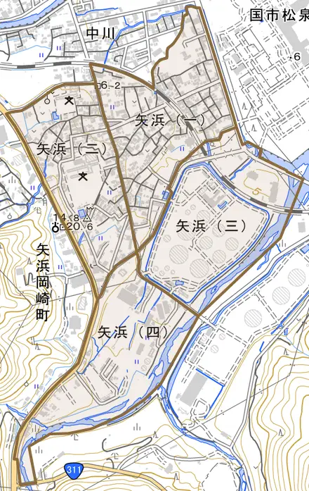 矢浜とその周辺の地図。町の範囲を重ねている