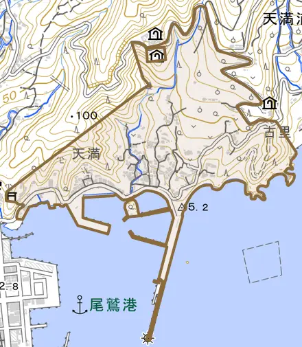 大字天満浦とその周辺の地図。町の範囲を重ねている