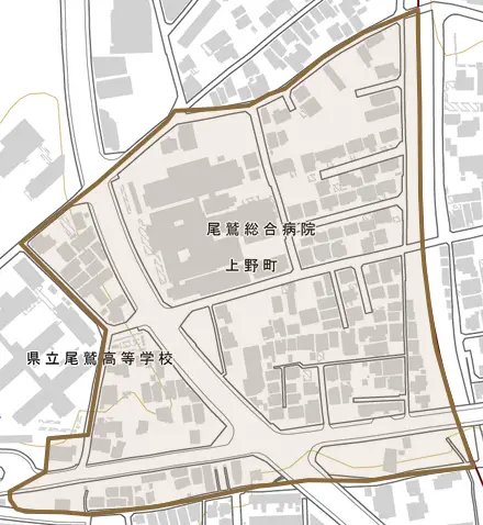 上野町とその周辺の地図。町の範囲を重ねている
