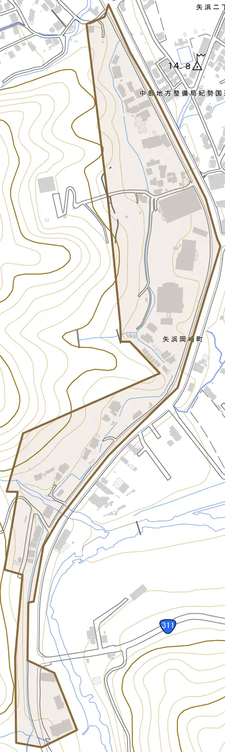 矢浜岡崎町とその周辺の地図。町の範囲を重ねている
