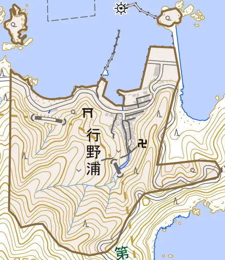 大字行野浦とその周辺の地図。町の範囲を重ねている