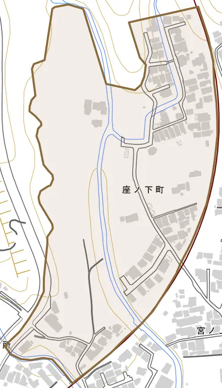 座ノ下町とその周辺の地図。町の範囲を重ねている