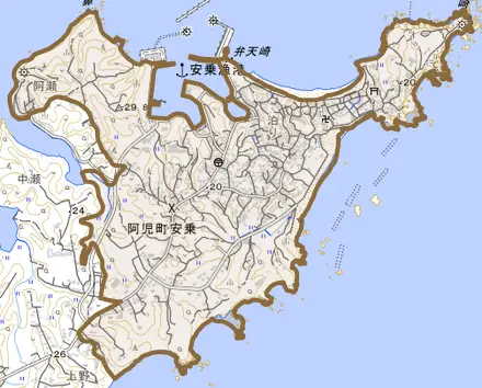 阿児町安乗とその周辺の地図。町の範囲を重ねている