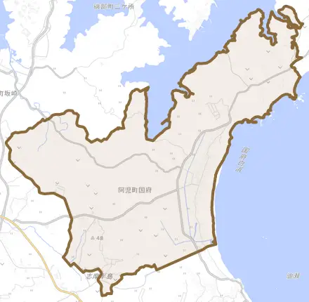 阿児町国府とその周辺の地図。町の範囲を重ねている