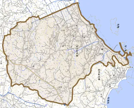 阿児町甲賀とその周辺の地図。町の範囲を重ねている