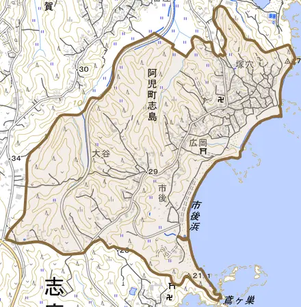 阿児町志島とその周辺の地図。町の範囲を重ねている