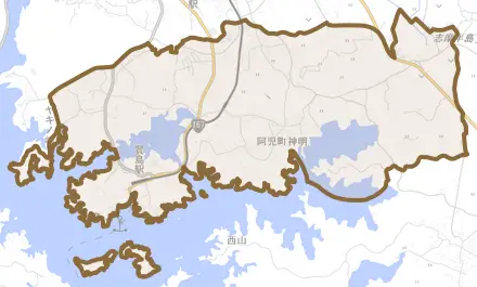 阿児町神明とその周辺の地図。町の範囲を重ねている