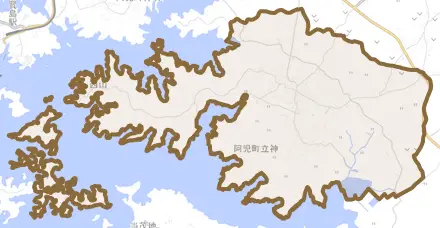 阿児町立神とその周辺の地図。町の範囲を重ねている