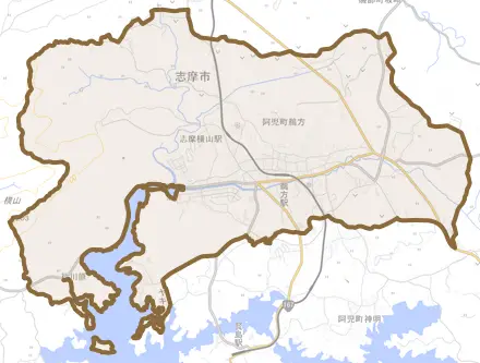 阿児町鵜方とその周辺の地図。町の範囲を重ねている