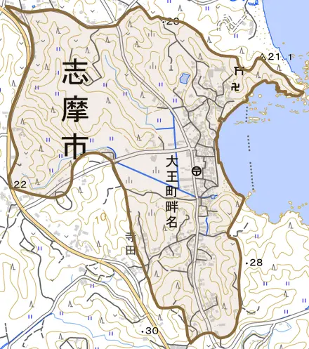 大王町畔名とその周辺の地図。町の範囲を重ねている