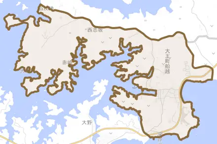 大王町船越とその周辺の地図。町の範囲を重ねている