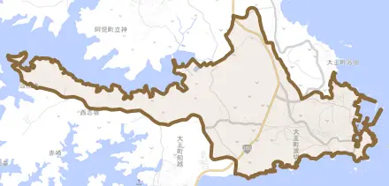 大王町波切とその周辺の地図。町の範囲を重ねている