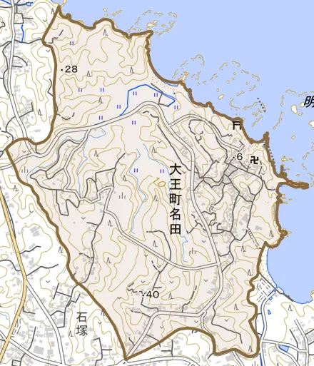 大王町名田とその周辺の地図。町の範囲を重ねている