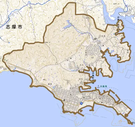 浜島町浜島とその周辺の地図。町の範囲を重ねている